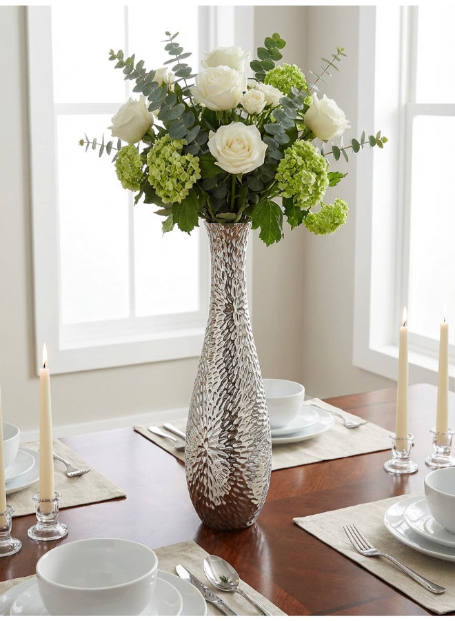 ايست من نون Ceramic Vase for Floral Decorative arrangement, Ht-46.4 cm | Silver Color | Flora Etch Design | Size -13.5x13.5x46.4 cm | Perfect for decorativing your living room, Ideal for decorating coffee table, dinning table, console table or any office or living space - Image 1